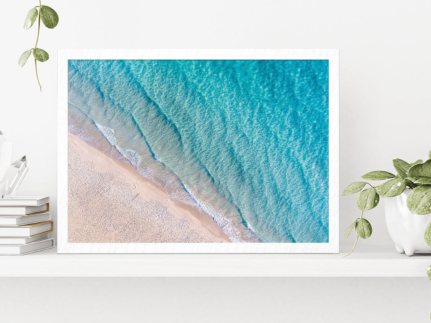 Coastline With Sea Waves & Sand Glass Framed Wall Art, Ready to Hang Quality Print Without White Border White