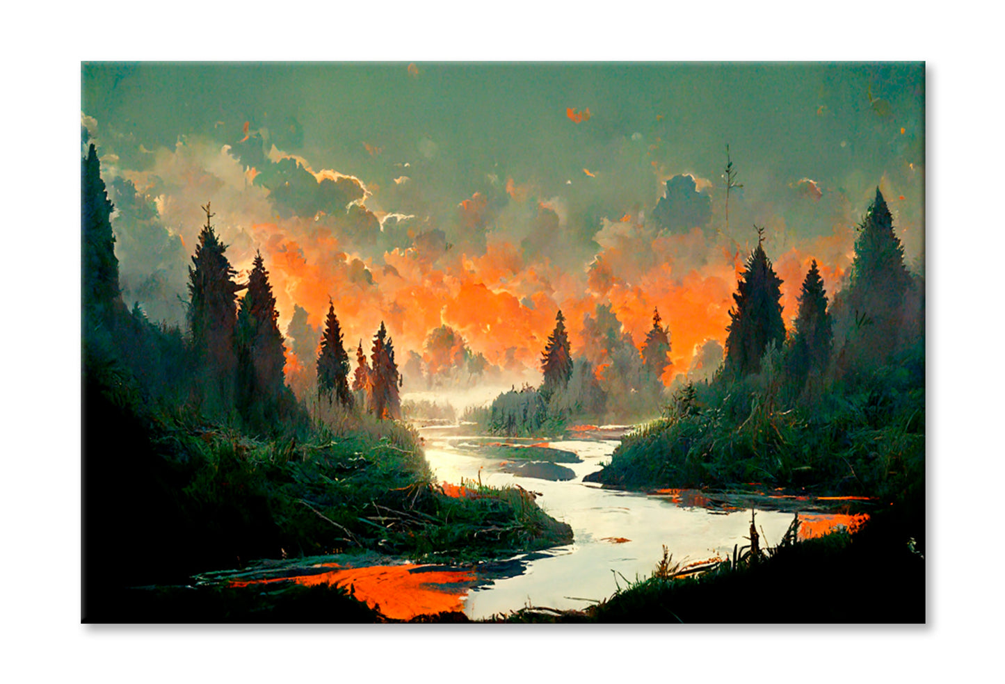 Mountains, Flowers, Trees, Rivers & Grass Oil Painting Wall Art Limited Edition High Quality Print Stretched Canvas None