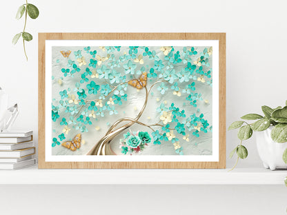 Green Flowers & Golden Butterfly Glass Framed Wall Art, Ready to Hang Quality Print With White Border Oak