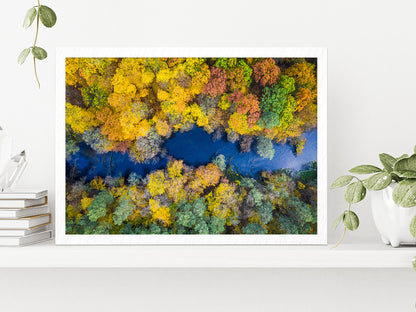 Autumn Forest & River Top View Glass Framed Wall Art, Ready to Hang Quality Print Without White Border White