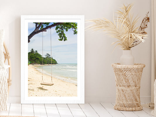 Swing Tree Sand Beach View at Thailand Glass Framed Wall Art, Ready to Hang Quality Print With White Border White