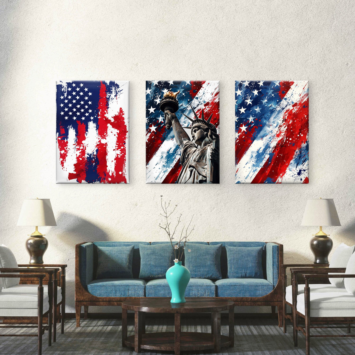 3pcs Statue of Liberty American Flag Abstract Wall Art Set Canvas Framed 50x70cm - High Quality Print 100% Australian Made Wall Canvas Ready to Hang