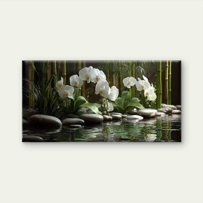 Bamboo Pond with White Orchids Wall Art Canvas Office Home Room Framed 120x60cm