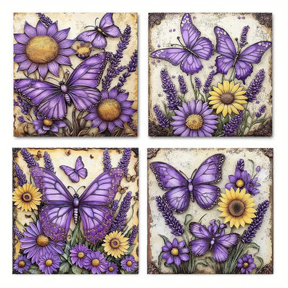 4pcs  Butterfly with Floral Themed Elegant FG Wall Art Canvas Framed