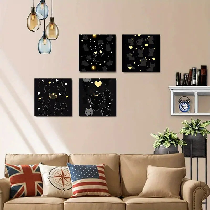 4pcs Black Cat & Golden Hearts Starry Night  Wall Art Canvas Framed