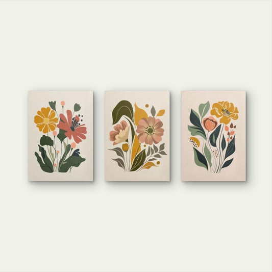 3pcs Retro Boho Floral Botanical Bouquet Wall Art Set Canvas Framed 40x60cm - High Quality Print 100% Australian Made Wall Canvas Ready to Hang