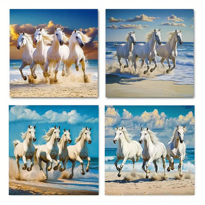 4pcs Tropical Beach Island Horse Stallions Wall Art Canvas Framed
