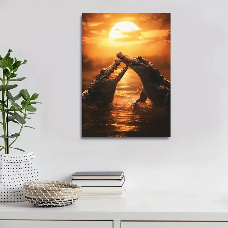 Dreamlike Crocodile Sunset Scene Playful 40x60cm Metal Print Ready to Hang