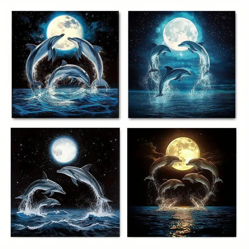4pcs Dolphin Moon Canvas Art Prints Wall Art Canvas Framed