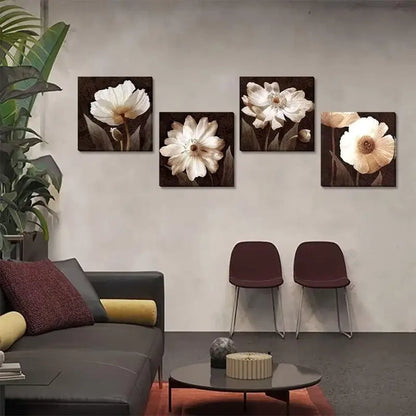 4pcs Elegant White & Beige Floral  Wall Art Canvas Framed