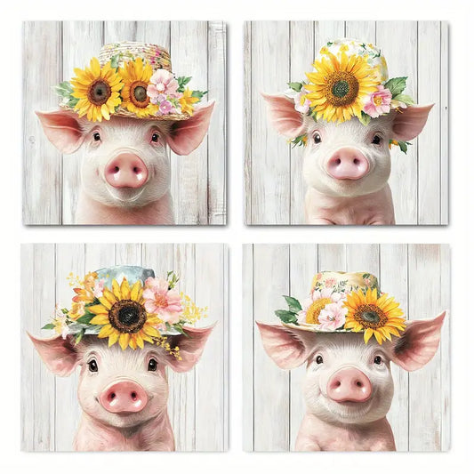 4pcs Painting Funny Pig Poste Wall Art Canvas Framed