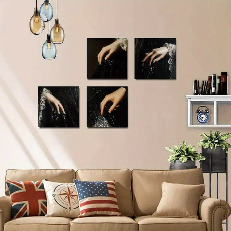 4pcs   White Sand & Black Hands Design BW Wall Art Canvas Framed