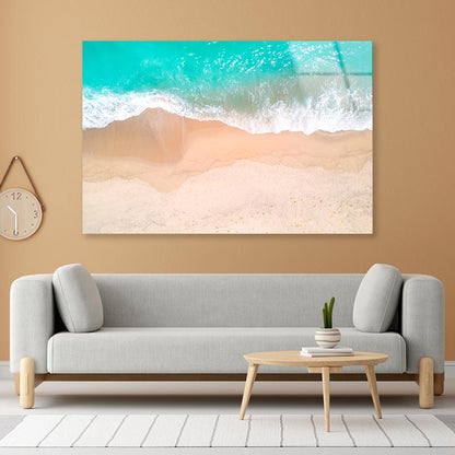 Aerial View Of Sandy Beach and Ocean with Waves Acrylic Glass Print Tempered Glass Wall Art 100% Made in Australia Ready to Hang