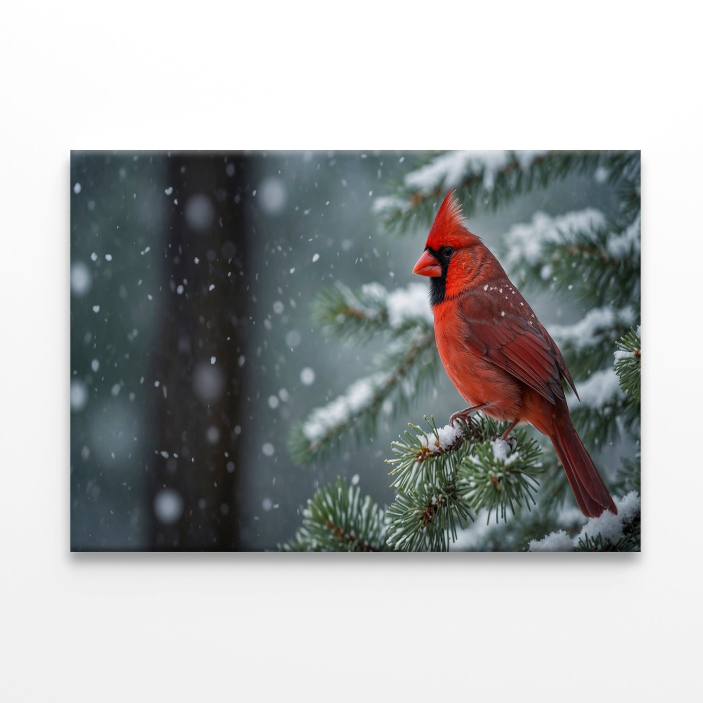 Red Cardinal on Snow-Covered Pine Wall Art Decor 100% Australian Made