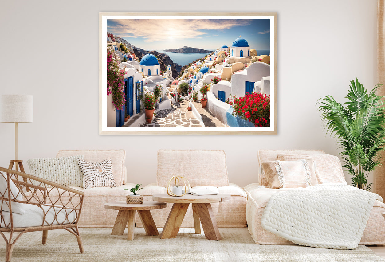 Streets of Santorini with Flowers Home Decor Premium Quality Poster Print Choose Your Sizes