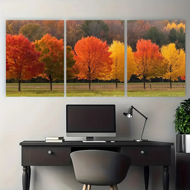3pcs Autumn Colored Trees Country Road Metal Print Ready to Hang Art
