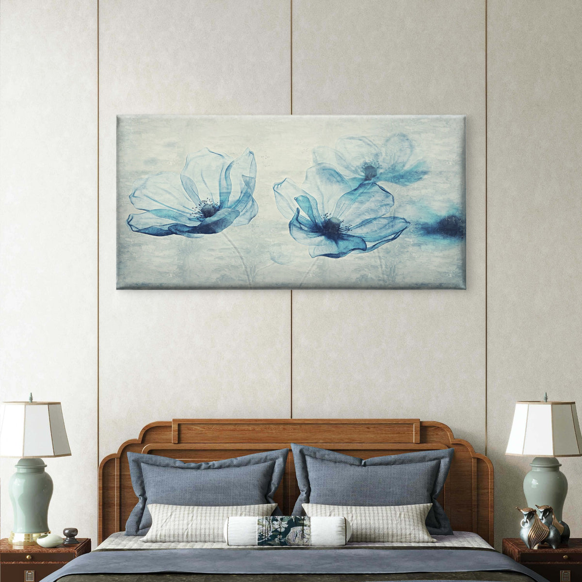 Blue Floral Blossom Wall Art Canvas Office Home Room Framed 120x60cm