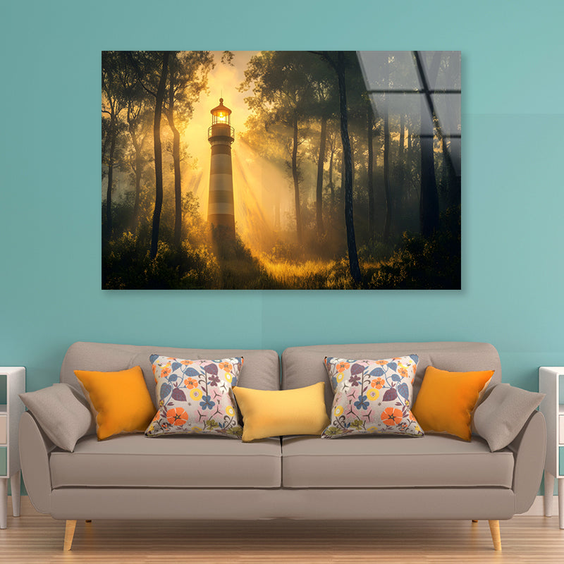 Lighthouse in the Woods, Sunlight Acrylic Glass Print Tempered Glass Wall Art 100% Made in Australia Ready to Hang