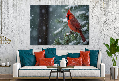 Red Cardinal on Snow-Covered Pine Wall Art Decor 100% Australian Made