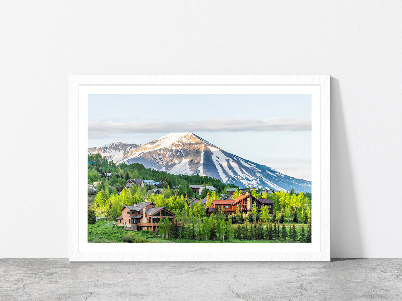 Colorado Village In Summer Glass Framed Wall Art, Ready to Hang Quality Print With White Border White