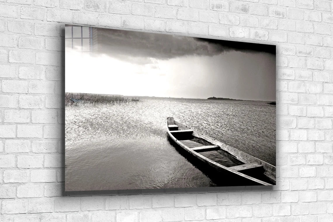 B&W Lonely Boat Lake UV Direct Aluminum Print Australian Made Quality