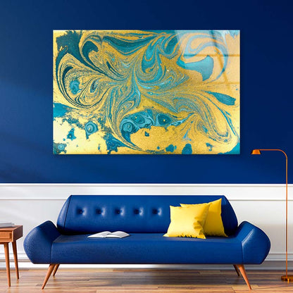 Golden Blue Marbling Acrylic Glass Print Tempered Glass Wall Art 100% Made in Australia Ready to Hang