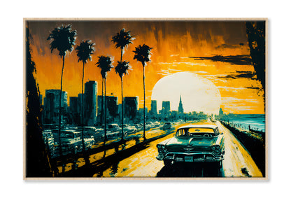 Car in Cityscape & Palm Trees Sunset Sky Oil Painting Wall Art Limited Edition High Quality Print Canvas Box Framed Natural