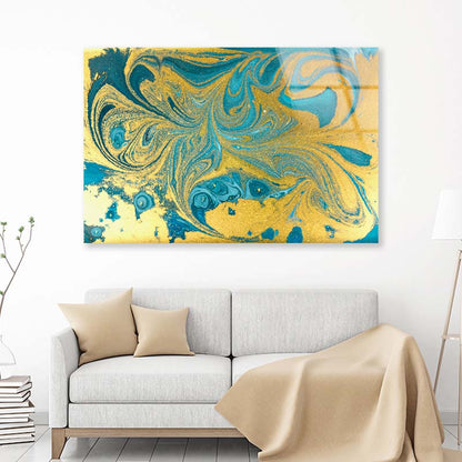 Golden Blue Marbling Acrylic Glass Print Tempered Glass Wall Art 100% Made in Australia Ready to Hang