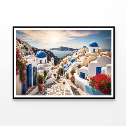 Streets of Santorini with Flowers Home Decor Premium Quality Poster Print Choose Your Sizes