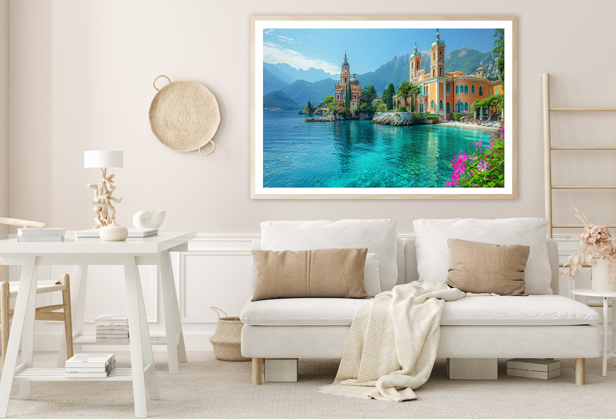 Building with a River, Mountains, Sky Home Decor Premium Quality Poster Print Choose Your Sizes