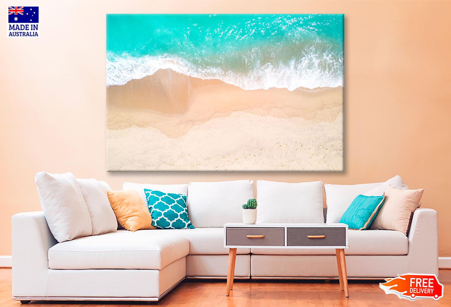 Aerial View Of Sandy Beach and Ocean with Waves  Wall Art Decor 100% Australian Made