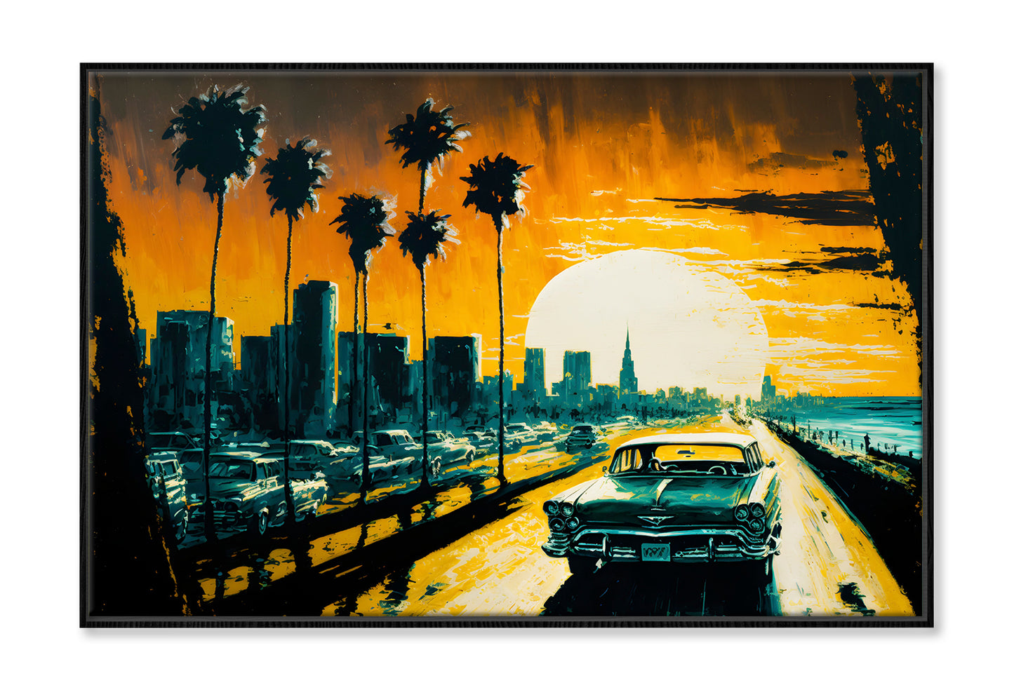 Car in Cityscape & Palm Trees Sunset Sky Oil Painting Wall Art Limited Edition High Quality Print Canvas Box Framed Black