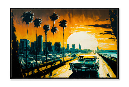 Car in Cityscape & Palm Trees Sunset Sky Oil Painting Wall Art Limited Edition High Quality Print Canvas Box Framed Black