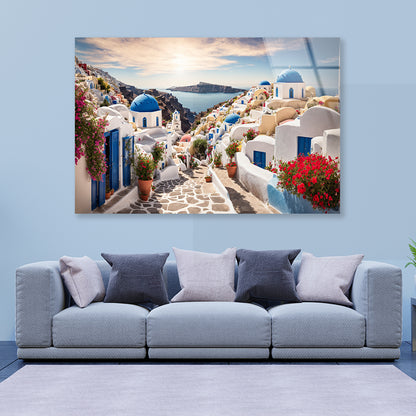 Streets of Santorini with Flowers Acrylic Glass Print Tempered Glass Wall Art 100% Made in Australia Ready to Hang