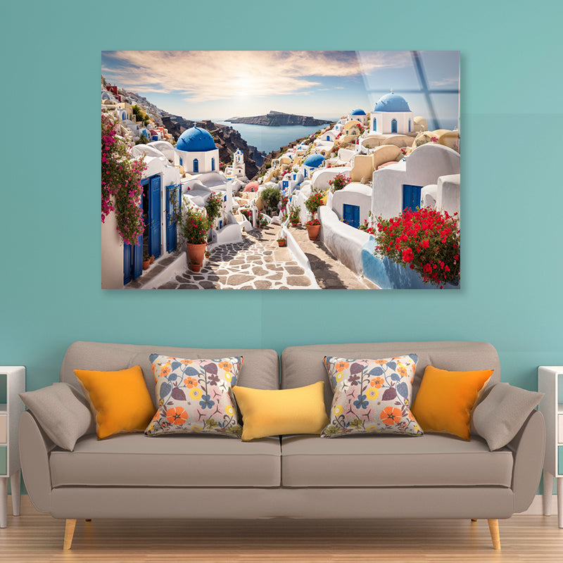 Streets of Santorini with Flowers Acrylic Glass Print Tempered Glass Wall Art 100% Made in Australia Ready to Hang