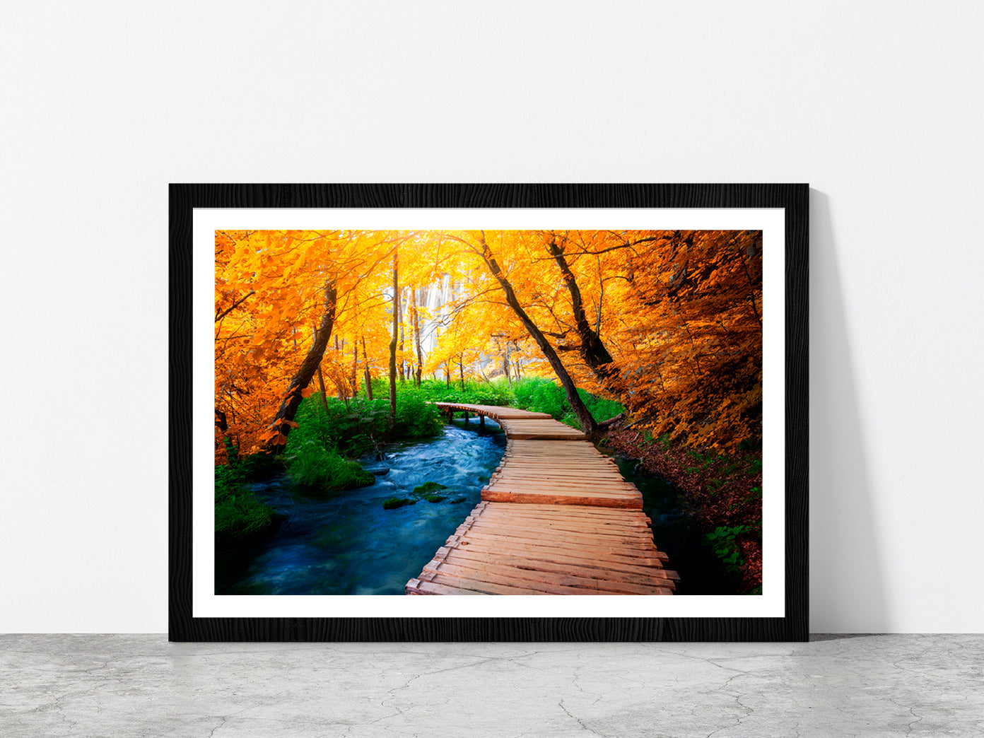 Wooden Path Trail For Nature Glass Framed Wall Art, Ready to Hang Quality Print With White Border Black