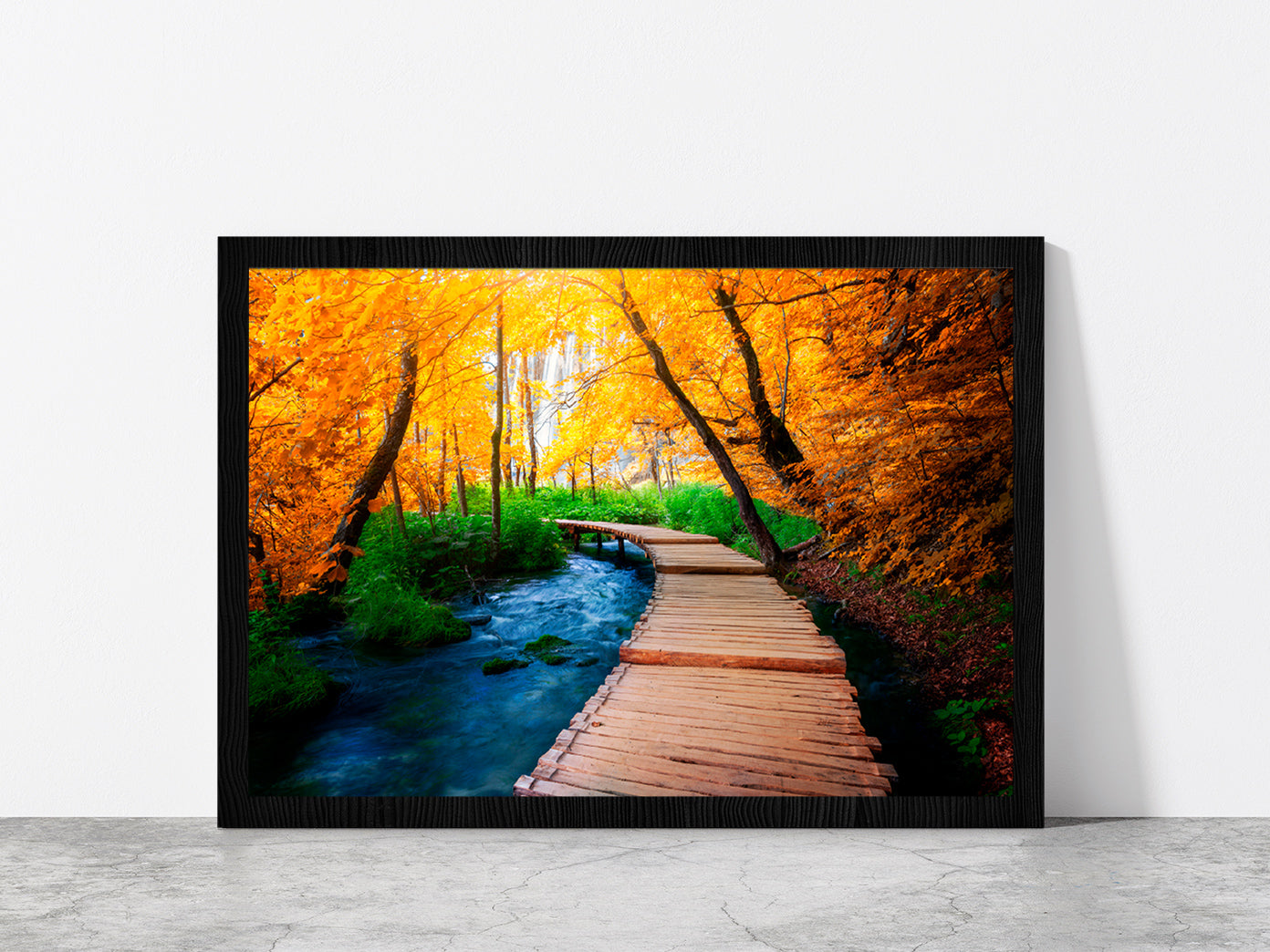 Wooden Path Trail For Nature Glass Framed Wall Art, Ready to Hang Quality Print Without White Border Black