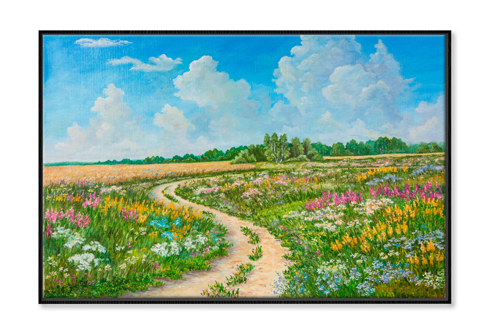Blossoming Spring Field, Sunny Day Oil Painting Wall Art Limited Edition High Quality Print Canvas Box Framed Black