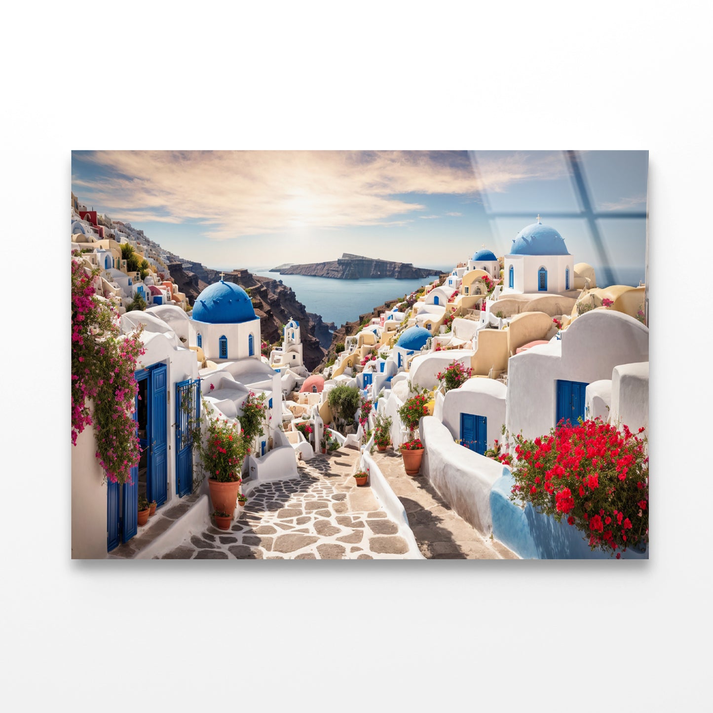 Streets of Santorini with Flowers Acrylic Glass Print Tempered Glass Wall Art 100% Made in Australia Ready to Hang