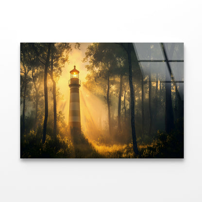 Lighthouse in the Woods, Sunlight Acrylic Glass Print Tempered Glass Wall Art 100% Made in Australia Ready to Hang