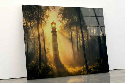 Lighthouse in the Woods, Sunlight Acrylic Glass Print Tempered Glass Wall Art 100% Made in Australia Ready to Hang