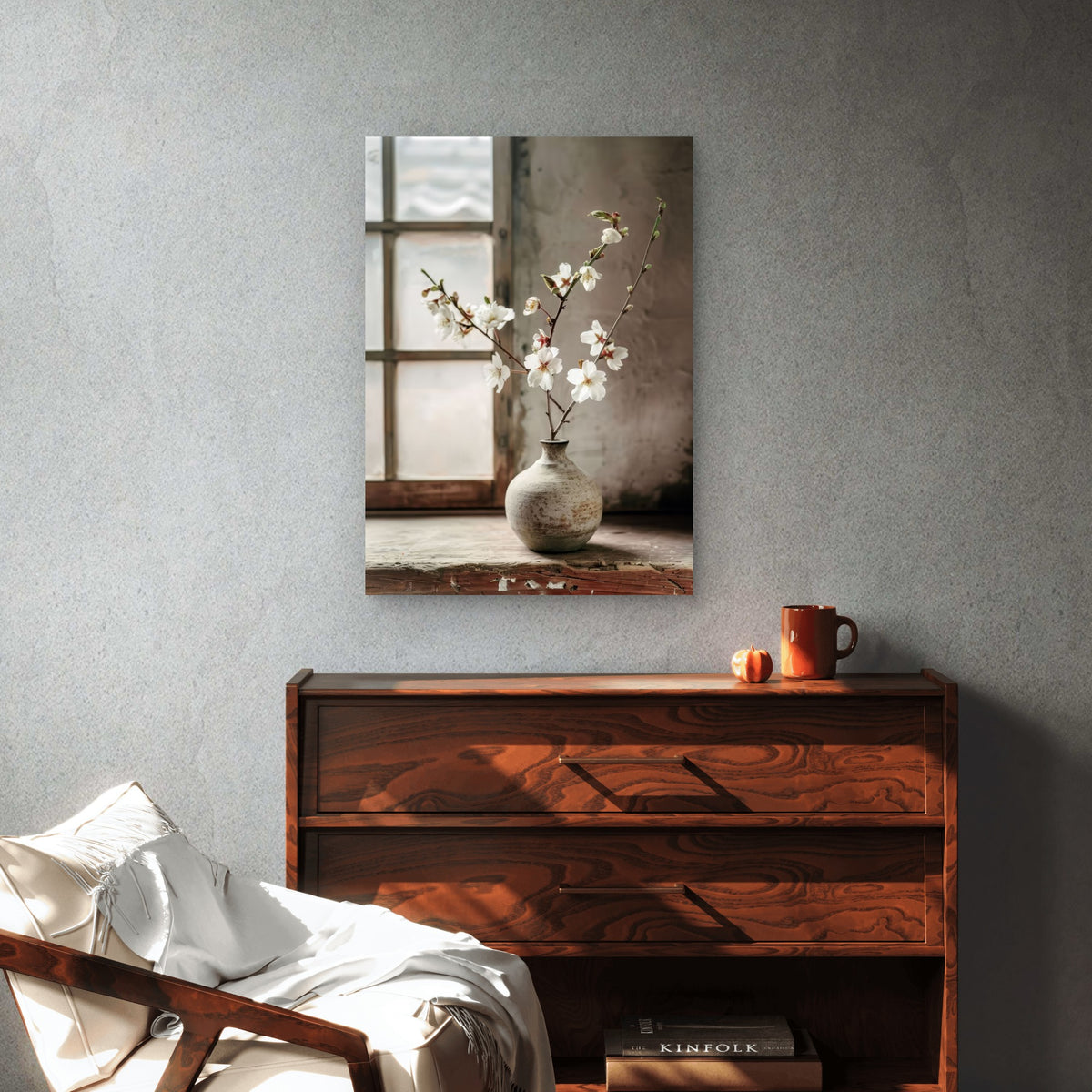 White Cherry Blossom Zen Vase 40x60cm Metal Print Ready to Hang