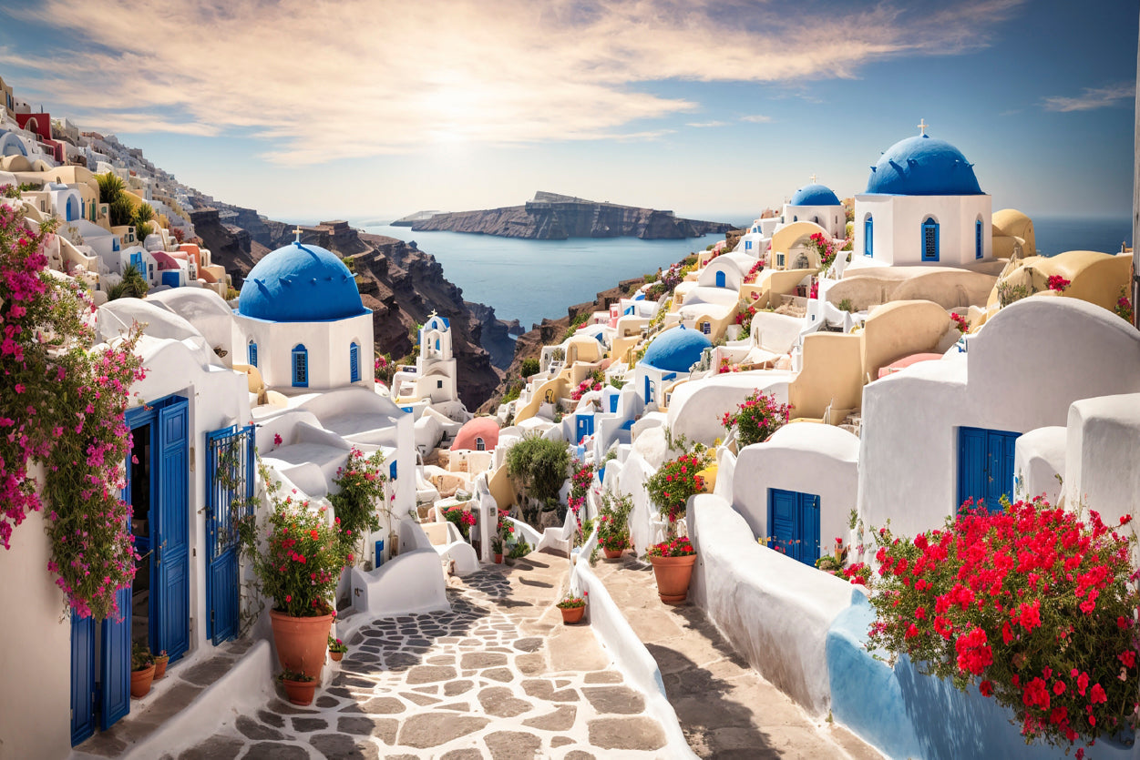 Streets of Santorini with Flowers Home Decor Premium Quality Poster Print Choose Your Sizes