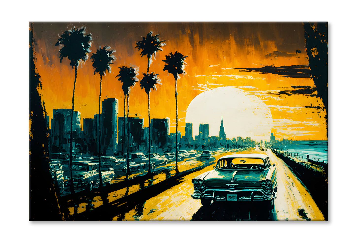 Car in Cityscape & Palm Trees Sunset Sky Oil Painting Wall Art Limited Edition High Quality Print Stretched Canvas None