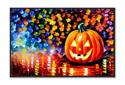 Cheerful Halloween Pumpkin Oil Painting Wall Art Limited Edition High Quality Print Canvas Box Framed Black