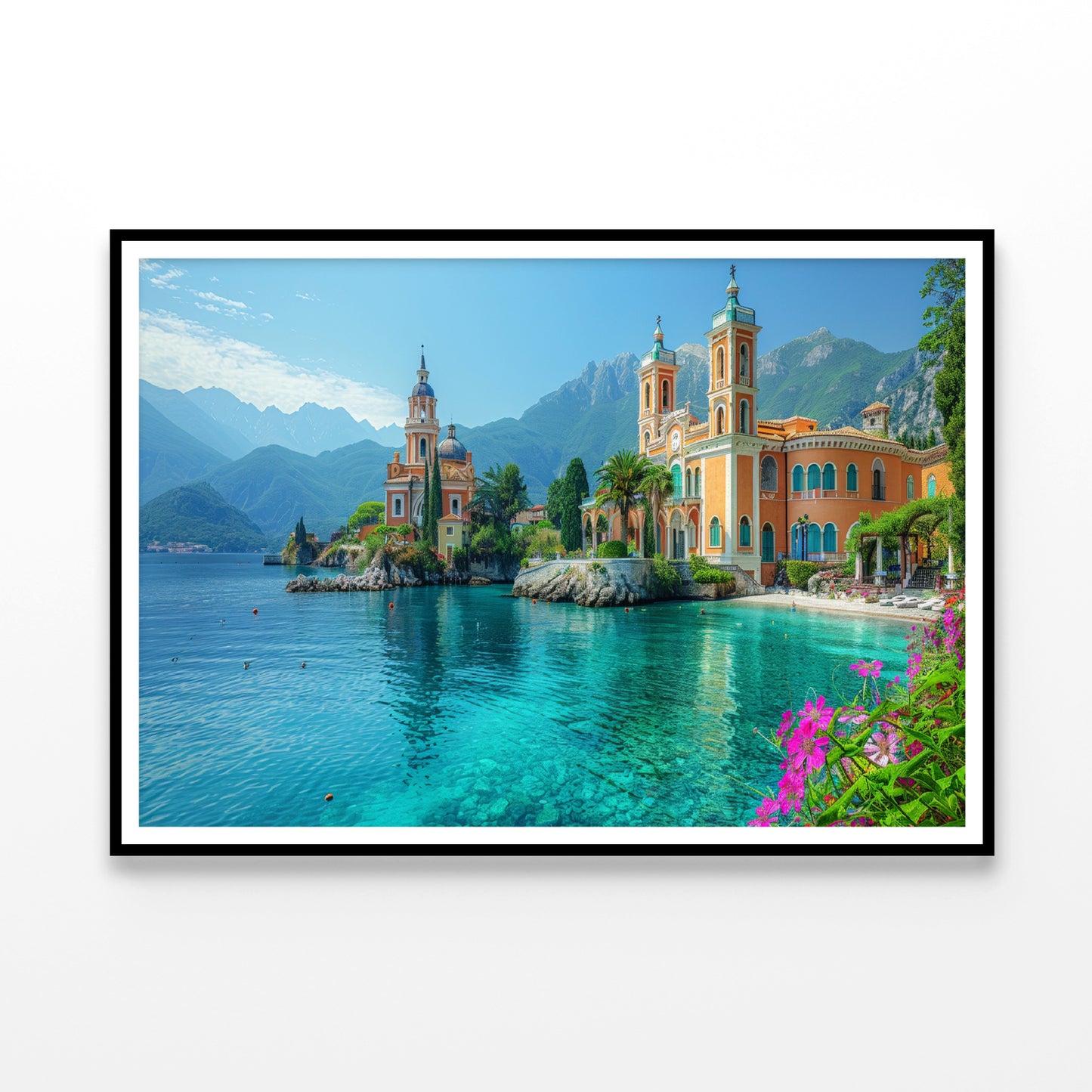 Building with a River, Mountains, Sky Home Decor Premium Quality Poster Print Choose Your Sizes