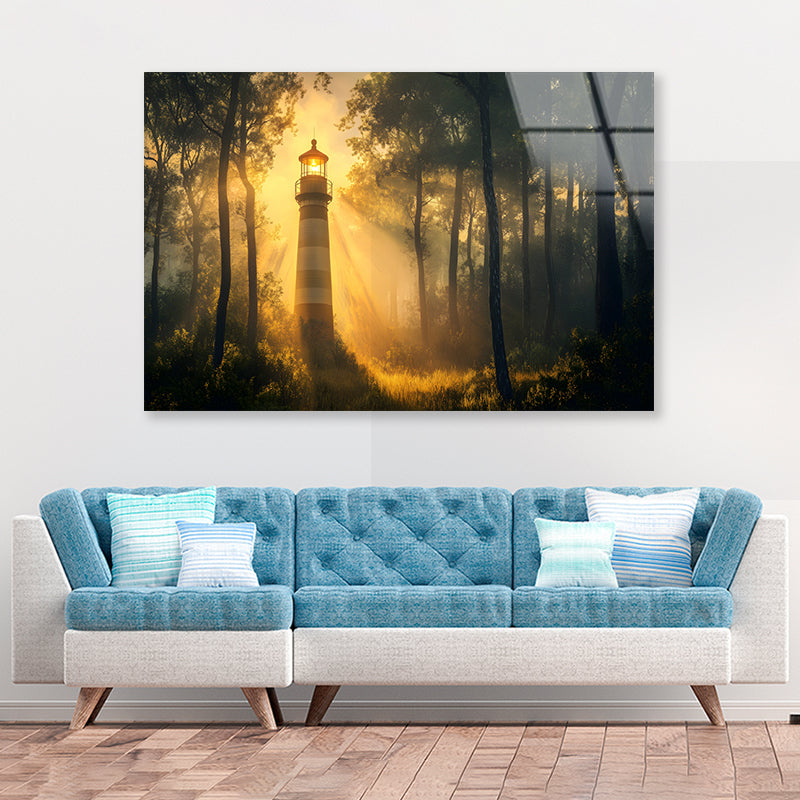 Lighthouse in the Woods, Sunlight Acrylic Glass Print Tempered Glass Wall Art 100% Made in Australia Ready to Hang