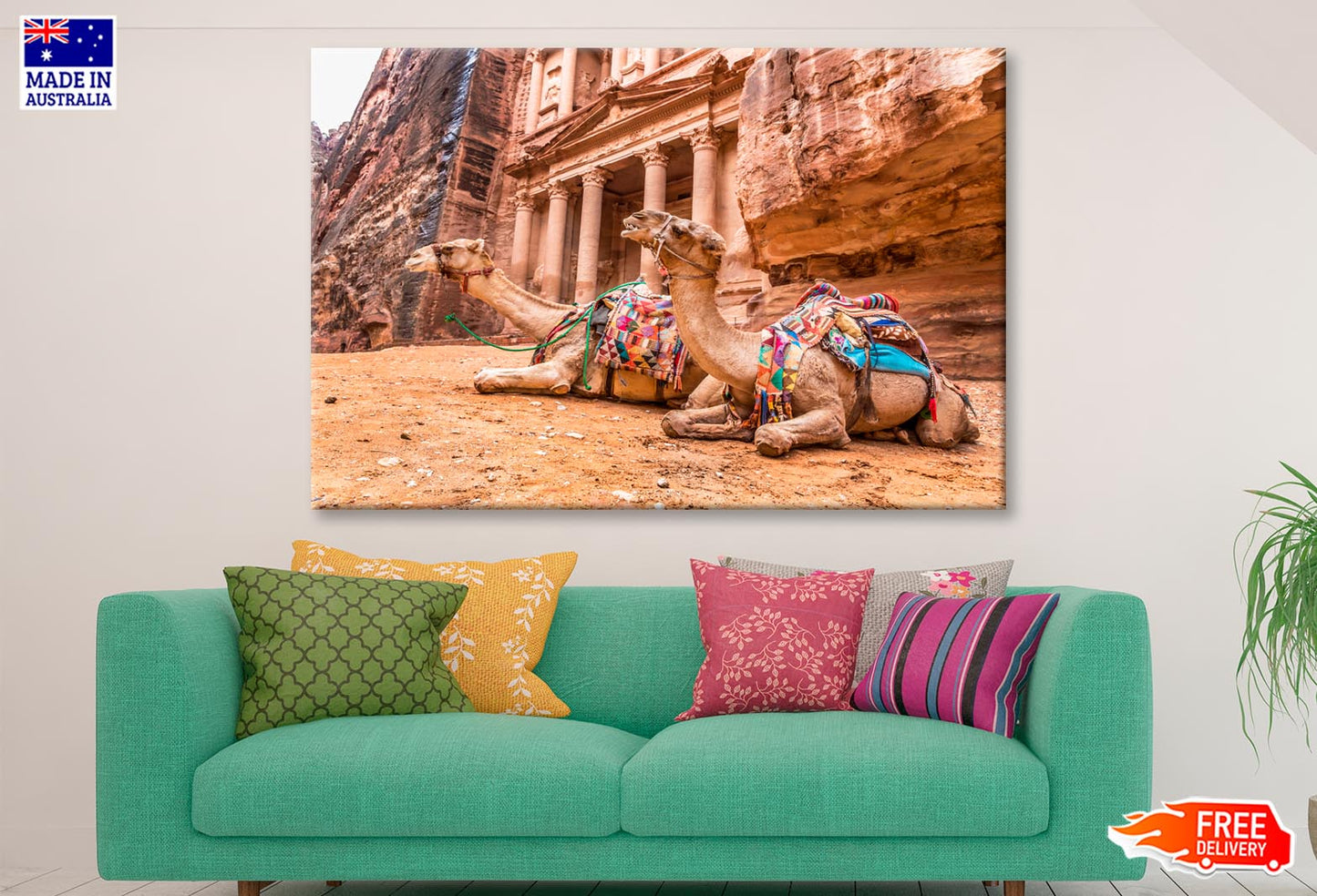 Camels & Carved into The Rock at Petra, Jordan Wall Art Decor 100% Australian Made