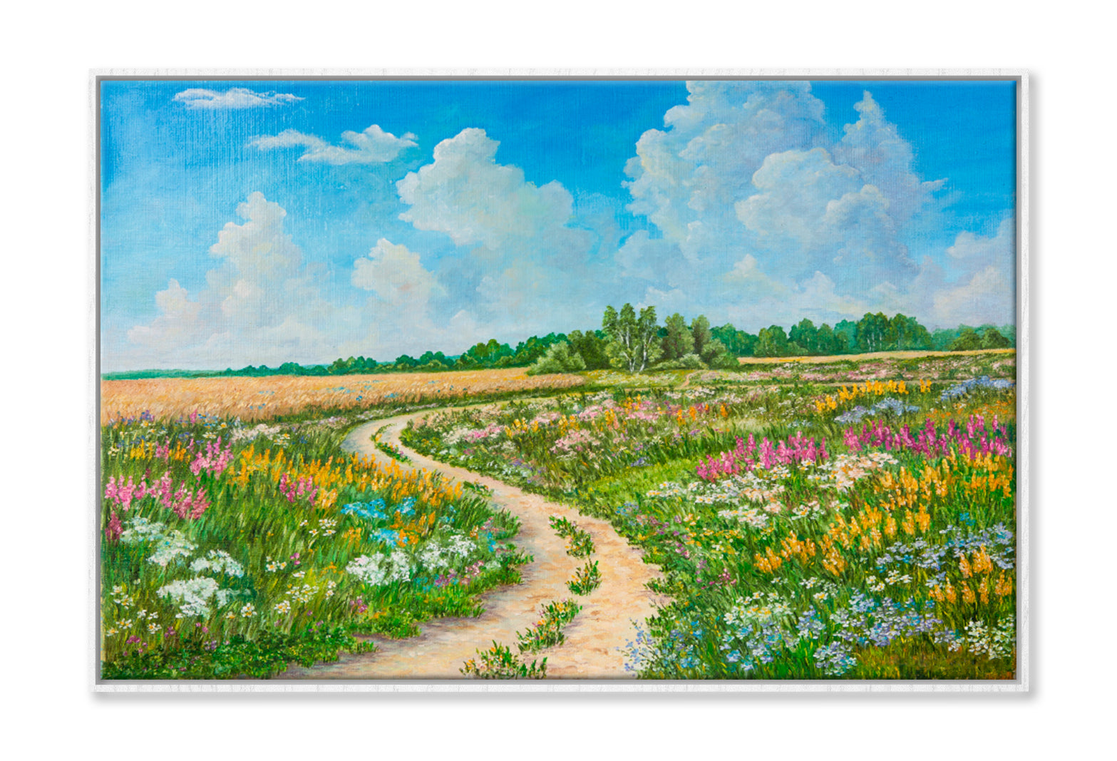 Blossoming Spring Field, Sunny Day Oil Painting Wall Art Limited Edition High Quality Print Canvas Box Framed White