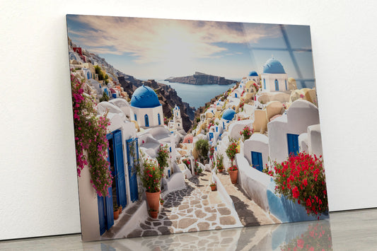 Streets of Santorini with Flowers Acrylic Glass Print Tempered Glass Wall Art 100% Made in Australia Ready to Hang